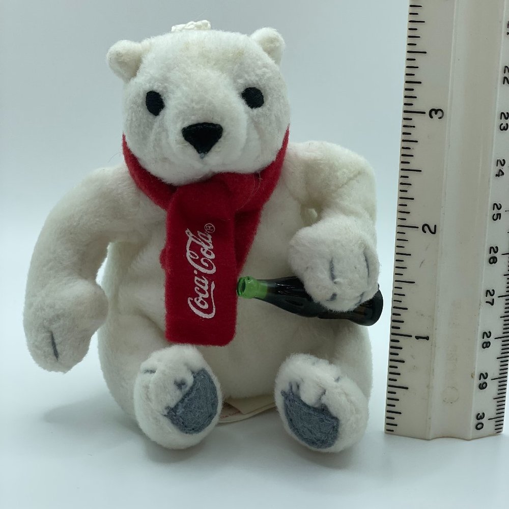 Coca Cola 3" Plush Stuffed Polar Bear  Coke bottle in hand  Scarf ornament